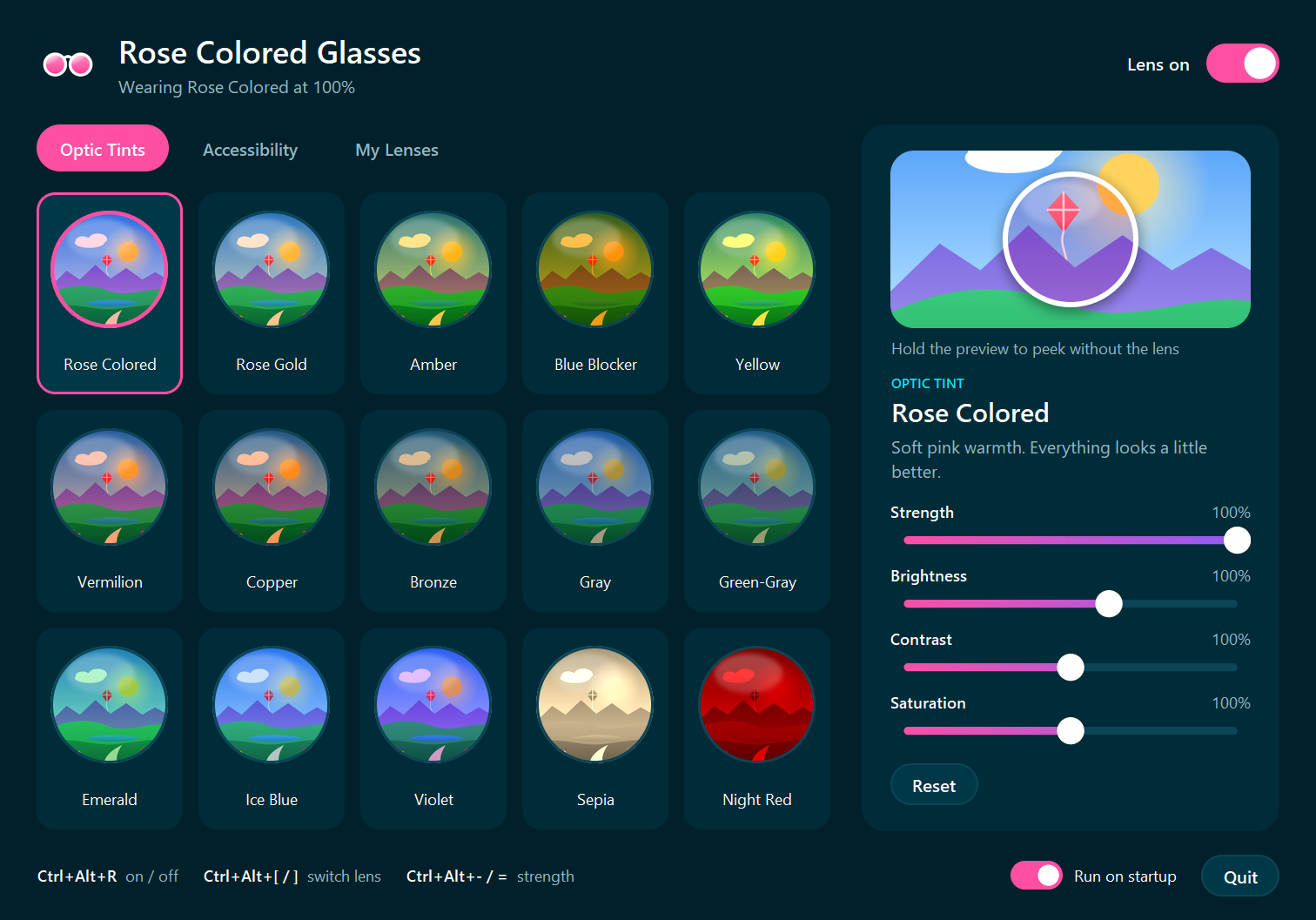 The Rose Colored Glasses window: fifteen optic tint lenses, a live preview, and strength, brightness, contrast and saturation sliders