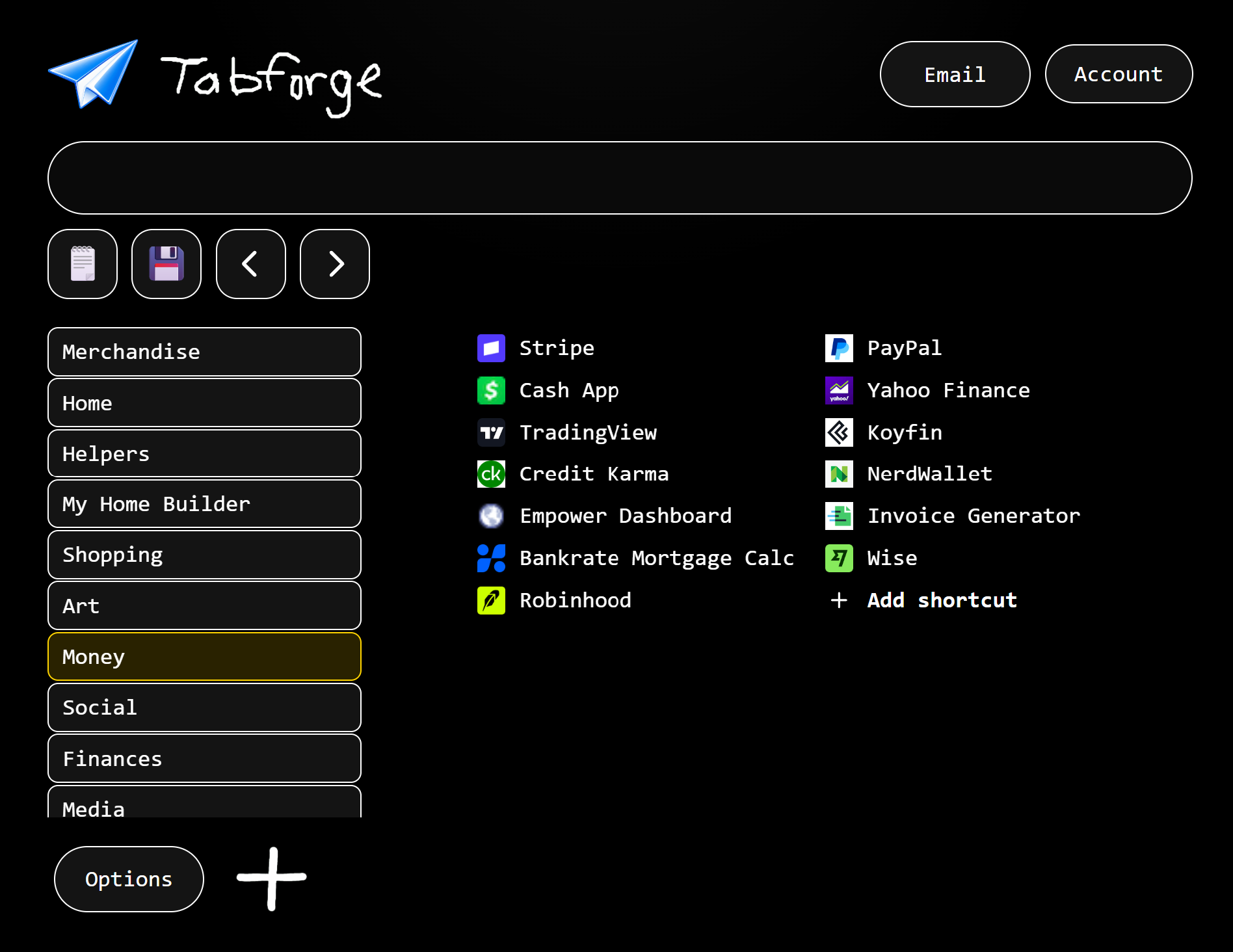 The TabForge workspace: pages down the left, the Money page's shortcuts, search, notes, save, and page arrows